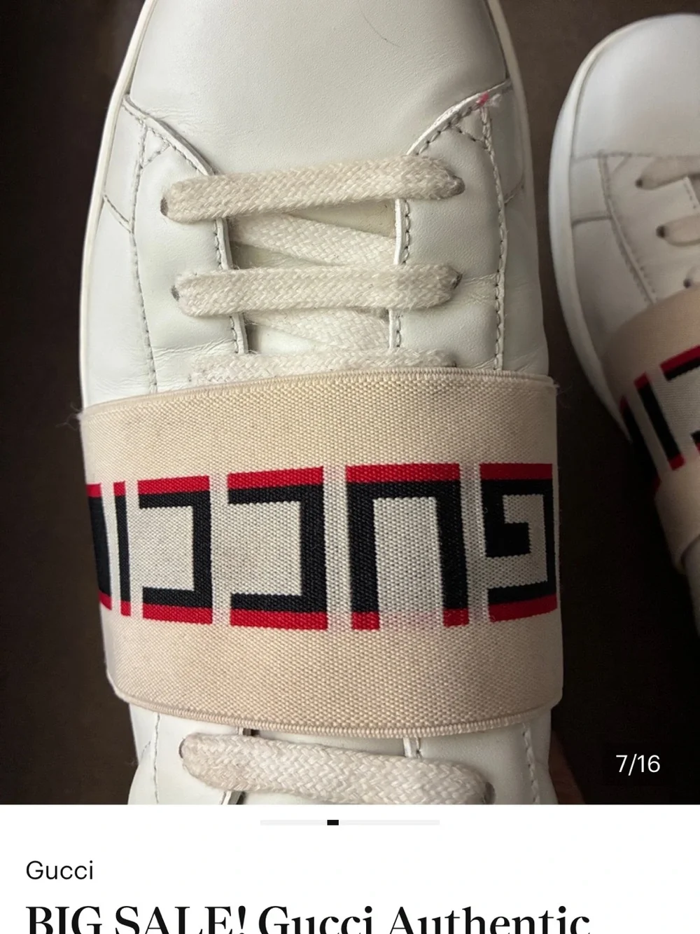 SALE GUCCI White Leather Sneakers Logo Strap across foot men’s has serial number